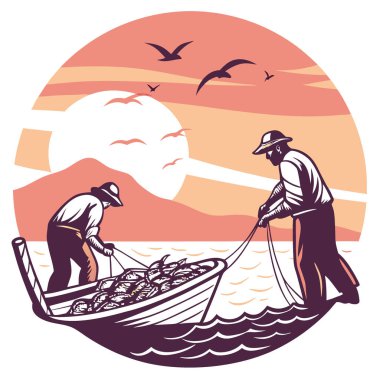 Denizde büyüleyici bir gün batımı. Taze Yakalama 'da Bir Balıkçı Tayfası Spor İçi ve Denizcilik Tutkuları İçin Mükemmel Duvar Sanatı Posteri. Yapay zeka üretildi. Vektör simgesi
