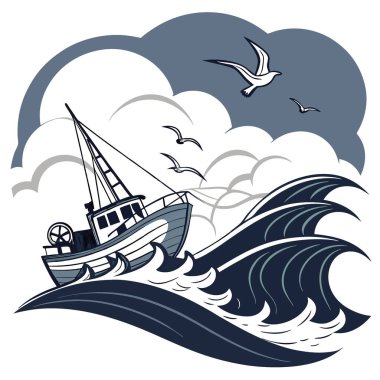 Balıkçı teknesi sabahın erken saatlerinde dalgalarla savaşır. Çalkantılı denize ağlar atarken martılar kıyıya yakın yerlerde daireler çiziyor. Yapay zeka üretildi. Vektör simgesi