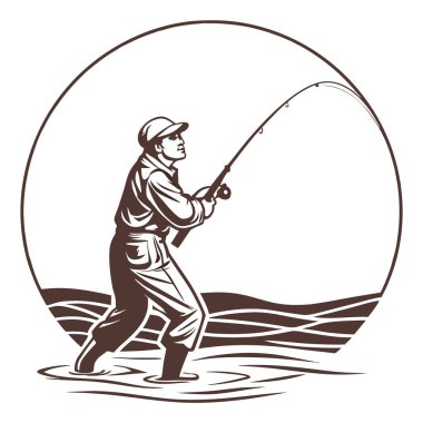 Yakından çekilen bir balıkçı avı yakalıyor. Sudan yansıyan parlak bir gündoğumu ve olta ipindeki gerilimi vurguluyor. Yapay zeka üretildi. Vektör simgesi