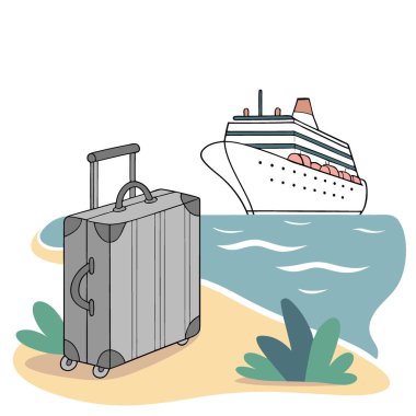 Görkemli bir yolcu gemisine karşı seyahat gereksinimleriyle dolu gri bavul. Savurgan bir okyanus kaçamağı ve yapay zekanın yarattığı modern seyahat şehvetini yansıtıyor. Vektör simgesi