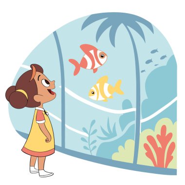 Küçük mutlu bir kız tropikal balık izliyor. Büyük bir akvaryumda deniz yaşamı. İyi tatiller. Bir hafta sonu. Ailenle bir gezintiye çıkmak yapay zeka işi. Vektör simgesi