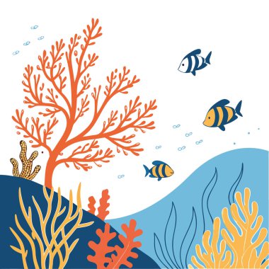 Su altı sahnesinde parlak mercan bahçesi parlak turuncu ve sarı mercanlar çeşitli balık ve deniz canlıları besleniyor. Vektör simgesi