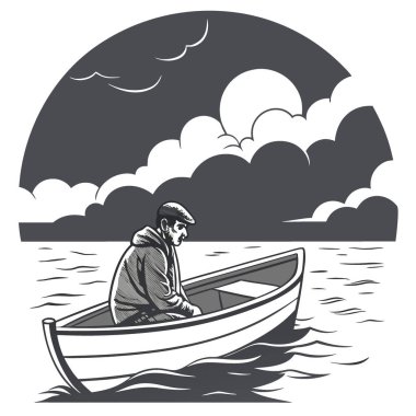 Uçsuz bucaksız bir gölün ortasında teknede oturan yalnız bir adam. Karanlık sis. Sis perdesi. Bulutlu. Yapay zekanın yarattığı yoğun bulutların arasından süzülen güneş ışığı. Vektör simgesi