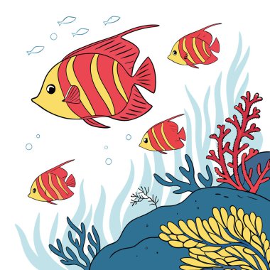 Mercan resifleriyle mavi sularda yüzen çeşitli kırmızı tropikal balıklar. Renkli sualtı dünyası. metin için metin boşluğu. arka plan duvar kağıdı... yapay zeka üretildi. Vektör simgesi