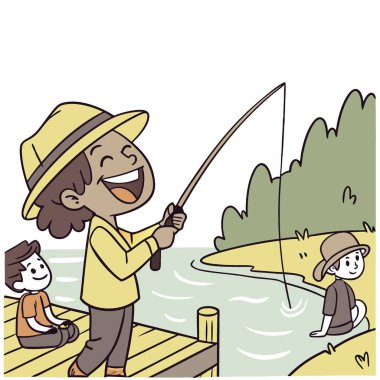 Göl kenarı rıhtımında balık tutuyorum. Sarı şapkalı neşeli çocuk elinde olta tutarken parlak bir şekilde gülümsüyor. Etrafı arkadaşlarıyla çevrili ve birlikte eğleniyorlar. Yapay zeka üretildi. Vektör simgesi