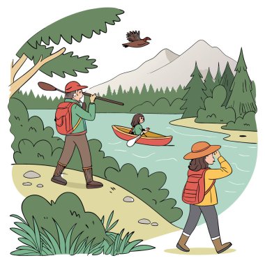 Aile dostu macera gezileri. Yürüyüş gibi açık hava aktivitelerini betimlemek. Kano yapıyorum. Ve çocuklu aileler için tasarlanmış vahşi hayatı izlemek. - Evet. Yapay zeka üretildi. Vektör simgesi