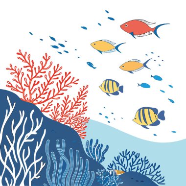 Deniz yaşamının çeşitliliğini ve güzelliğini göstermek için açık mavi sularda yüzen çeşitli renkli balıklarla dolu canlı bir mercan resifi. Yapay zeka üretildi. Vektör simgesi