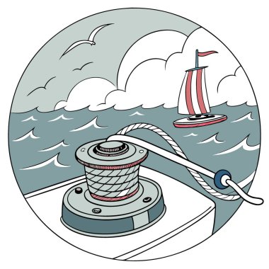 Yelkenli bir teknede sağlam bir halatla vinç mekanizması açık denizde geziniyor deniz macerası ekipmanları ve deniz yaşam tarzı tasvir ediliyor. Yapay zeka üretildi. Vektör simgesi