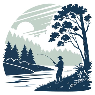 Bir balıkçı gün doğumunda ipini huzurlu bir nehre atar. Üstünü cennet örtüsü kaplamıştır. Üzerlerinde bulutlar vardır. Yapay zekanın yarattığı barışçıl balıkçılığın somut örneği. Vektör simgesi