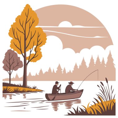 Sis ve altın sonbahar ağaçlarıyla sakin bir gölde balık tutan iki kişi. Gün doğumunda barışçıl ve manzaralı bir an yaratmak yapay zekayı oluşturur. Vektör simgesi