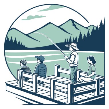 Doğada Boş Bir Gün. Dağlı Manzaralı İskelede Balık Tutan Dört Genç Yetişkin Spor Temalı Poster ya da İlham Duvar Sanatı İçin Mükemmel. Yapay zeka üretildi. Vektör simgesi