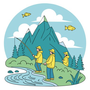 Sarı ceketli üç balıkçı manzaralı bir dağ deresinin tadını çıkarıyor. Tüylü bulutlar ve tuhaf yüzen balıklarla dolu açık mavi bir gökyüzünün altında balık tutmak yapay zeka üretmek. Vektör simgesi
