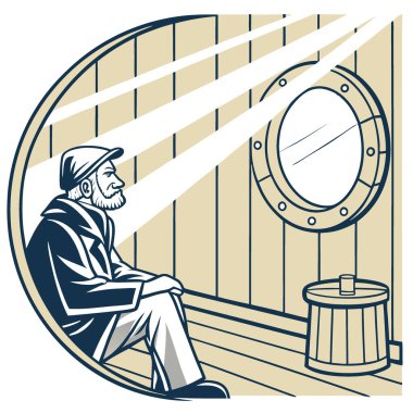 Tekne kulübesinde oturan yıpranmış yaşlı bir adam. Eller dizlerinin üzerinde dinleniyor. Güneş ışığı yuvarlak bir lombozun içinden geçerken. Yapay zekanın ürettiği rahat yeri aydınlatmak. Vektör simgesi