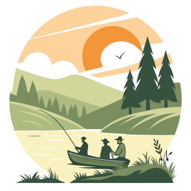 Sakin bir göl üzerinde sakin bir balık avına çıkan bir grup arkadaş nefes kesici bir günbatımı manzarasıyla çevrelenmiş sakin sular sıcacık suları yansıtıyor. Yapay zeka üretildi. Vektör simgesi