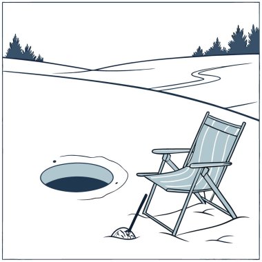 Katlanan sandalye kardaki dairesel bir deliğin yanına yerleştirilir. Uzaktan kumandalı bir buz balıkçılığı aktivitesi öneriliyor. Sakin kış manzarası. kopyalama alanı. Yapay zeka üretildi. Vektör simgesi