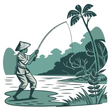 Gölde balık tutarken balıkçı iş başında. Tayland. Balıkçı. Balık avı. Gölde balık. Tayland. Tayland 'da balık tutmak. Balıkçı. Göl sahnesi. Yapay zeka üretildi. Vektör simgesi