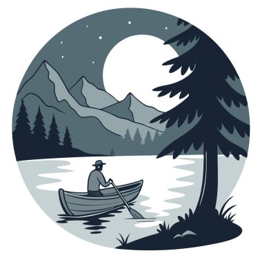 Bir adam basit bir ahşap tekneyi gece sakin bir dağ gölünde yüzdürür. Yıldızlı gökyüzünü ve huzurlu manzarayı yansıtan sakin sularla çevrili. Yapay zeka üretildi. Vektör simgesi