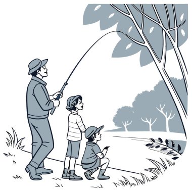 Aileyle balık tutma gezisi. Gelecek nesli eğitmek. Geleneği sürdürmek, balıkçılık sevgisinin daha genç aile üyeleriyle paylaşılmasını sağlar. Yapay zeka üretildi. Vektör simgesi