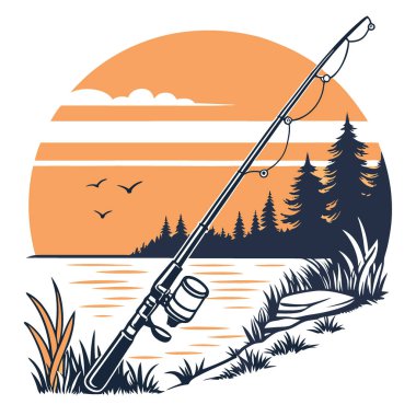 Bir balık oltası, çarpıcı bir günbatımının arka planında bir gölün üzerine kurulur. Yapay zekanın ürettiği sakin bir ortamda spor ve doğanın uyumlu karışımını sergilemek. Vektör simgesi