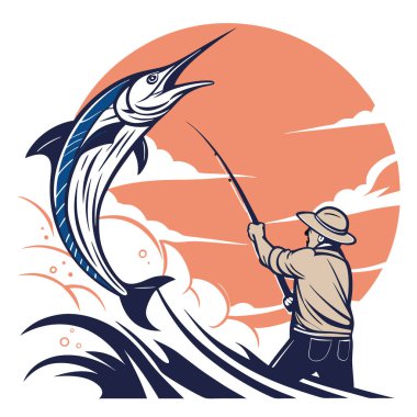 Güneş ufuktan batarken. Kararlı bir balıkçı, suyun yüzeyini yaran muhteşem bir kılıçbalığıyla savaşıyor. Unutulmaz bir an yaratmak. Yapay zeka üretildi. Vektör simgesi
