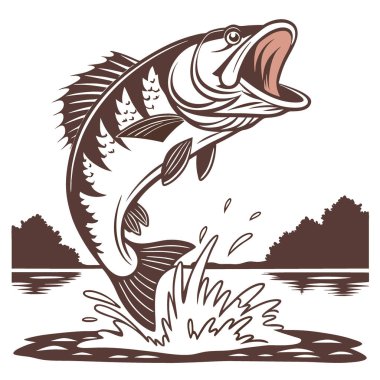 Büyük bir levrek, kızgın ağzını sudan çıkarken sergiler. Büyüleyici bir anda canlı renkler ve karmaşık detaylar sergiliyor. Yapay zeka üretildi. Vektör simgesi