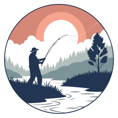 Şafak vakti bir balıkçının silueti. Güneşin doğduğu gökyüzünün altındaki sislerle kaplı bir nehre bir hat döşüyorlar. Huzuru ve balık tutmanın mistik cazibesini uyandıran yapay zeka. Vektör simgesi