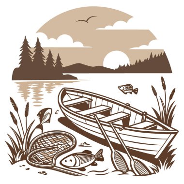 Gün batımında sakin bir göle yanaşan kırsal bir balıkçı teknesinin klasik bir çizimi. Balık ve olta takımlarıyla çevrili. Sıcak. Topraksı renkler yapay zeka oluşturdu. Vektör simgesi