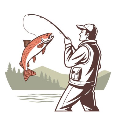 Bir balıkçı gururla canlı bir görüntü sergiler. Sönük bir gölün arka planında parıldayan balıklar. Yapay zekanın yarattığı avın ve sabahın dingin sükunetinin altını çiziyorum. Vektör simgesi