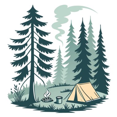 Uzak bir orman kamp alanı. Açık ateşte kızartılan balıklarla. Duman, yükselen çam ağaçlarının gölgesinde kıvrılıyordu. Vahşi doğanın özü. Yapay zeka üretildi. Vektör simgesi