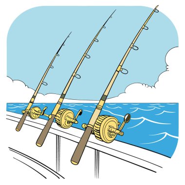 Altın bobinli dört olta, engin mavi deniz ve açık gökyüzüne karşı bir teknede harekete geçmeye hazır. Yapay zekanın oluşturduğu açık deniz balıkçılığı için ideal bir ortam. Vektör simgesi