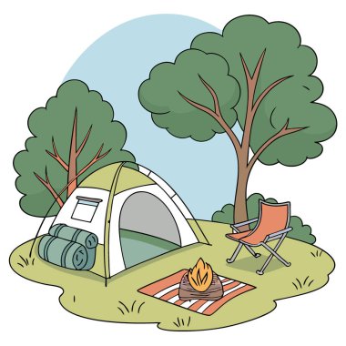 Rahat bir açık hava ekipmanı ve sakin bir ortam sunan ilham verici bir kamp alanı düzenlemesi. Sırt çantası. Kamp yapmak. Çadır. Uyuyordum. Çanta. Paspas. Katlama. Sandalye. Yapay zeka üretildi. Vektör simgesi