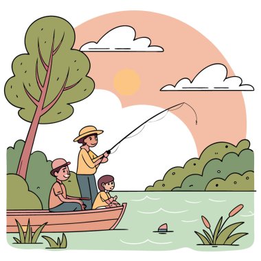 Huzurlu Günbatımı Balık Avı Ailenle Serene Gölü 'nde. Rahatlatıcı bir hafta sonunun tadını çıkarıyorum. Bağ kurma tecrübeleriyle kalıcı anılar yaratmak. Yapay zeka üretildi. Vektör simgesi