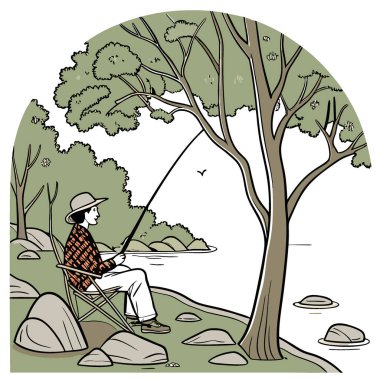 Huzurlu bir şekilde kamp koltuğunda oturan biri. Ağaçlarla kaplı nehir kıyısı. Oltayla balık tutmak. Etrafı kayalarla çevrili ve yeşilliği yansıtan sakin bir su. Yapay zeka üretildi. Vektör simgesi