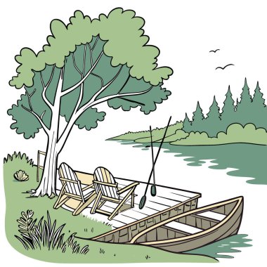 Tranquil Lakeside Sahne Kanosu. Olta kamışı. Etrafı yemyeşil ve sakin su temaları ile çevrili gevşetici sandalyeler açık hava inziva teması için idealdir. Yapay zeka üretildi. Vektör simgesi
