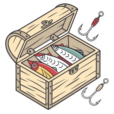 Çeşitli balık yemleriyle dolu klasik ahşap bir kutu. Çeşitli renkler ve tasarımlar sergiliyor. Açık hava meraklıları ve koleksiyoncular için mükemmel. Yapay zeka üretildi. Vektör simgesi