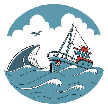 Köpekbalığının yüzgeci yakınlarda belirirken bir balıkçı teknesi derin okyanus sularında yol alır. Dağınık bulutlar ve canlı mavi denizlere karşı. Yapay zeka üretildi. Vektör simgesi