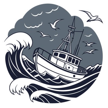 Bir balıkçı teknesi fırtınalı bir gökyüzünün altında dalgalı denizlerle savaşır ve etrafta martılar uçuşur. Denizde balıkçıların karşılaştığı yoğun enerji ve zorlukları gösteriyor. Yapay zeka üretildi. Vektör simgesi