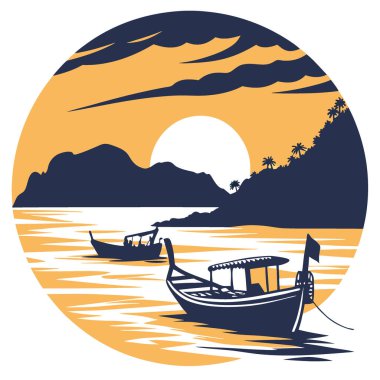 Şafak vakti denizde yüzen uzun kuyruklu balıkçı teknelerinin silueti. Suyun üzerindeki güneş ışığının altın yansımasıyla. Rawai Sahili 'nde yakalandı. Phuket... yapay zeka üretildi. Vektör simgesi