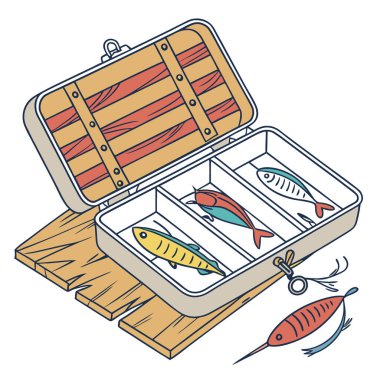 Renkli balık yemi dolu bir olta kutusu. Kırsal bir ahşap masa karşısında çeşitli boyutlarda ve şekillerde sergileniyor. Balık avlama maceralarını çağrıştırıyor. Yapay zeka üretildi. Vektör simgesi