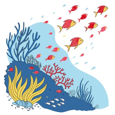 Tropik balık sürüsü grubu. Mercan kayalıkları. Renkli sualtı dünyası. metin alanı. Ve mavi sularda bir sürü kırmızı sarı tropikal balığın olduğu duvar kağıdı arkaplanı. Yapay zeka üretildi. Vektör simgesi