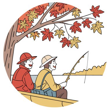 İki içerikli balıkçı. İçten gülümsüyor. Gölün kıyısında sakin bir balık avının tadını çıkar. Doğanın sükuneti ve sonbahar yapraklarının güzelliğiyle yapay zeka üretildi. Vektör simgesi