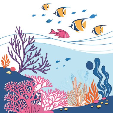 Renkli mercan resifleri kristal berrak suların altında çok çeşitli deniz yaşamı egzotik türleri. Su altında. Okyanus. Suda yaşayan. Hayat dolu. Ekosistem. Biyolojik çeşitlilik. Yapay zeka üretildi. Vektör simgesi