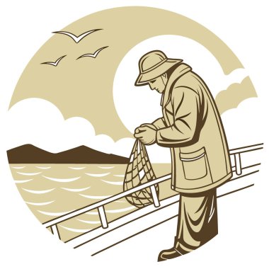 Kendini adamış bir balıkçı, sakin bir okyanus batımında bir balıkçı teknesinde yem hazırlıyor. Dalgalar ve altın gökyüzü barışçıl bir zemin yaratıyor yapay zeka yaratıyor. Vektör simgesi