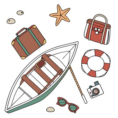 Yaz tatili için hazırlanan bir tekne dahil. Bir denizyıldızı. Bagaj. Güneş gözlüğü ve beyaz arkaplanda izole edilmiş diğer nesneler. Hafta sonu tatili gezisi. Yapay zeka üretildi. Vektör simgesi