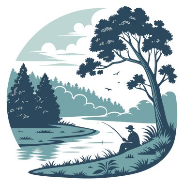Serene Rivers 'ın Huzurlu Balıkçılık Macerası - Huzurlu Kırsal ve Doğanın Huzurlu Güzelliğini Deneyin Rahatlama ve Açık Hava Mutluluğu İçin Sessiz Kaçış. Yapay zeka üretildi. Vektör simgesi