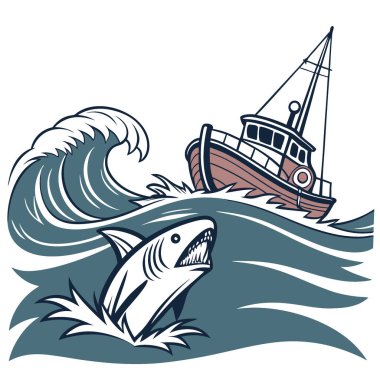 Bir balıkçı teknesi çalkantılı okyanus sularında yol alır. Bir köpekbalığının yüzgeci yakınlarda yüzeyi kırarken. Heyecan verici bir okyanus karşılaşmasının altını çiziyorum. Yapay zeka üretildi. Vektör simgesi