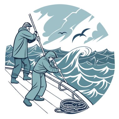 Yağmurluk giymiş balıkçılar dalgalı denizlerde bir tekne güvertesinde çalışıyorlar. Derin deniz balıkçılığı sırasında elementlerle savaşıyor. ticari balıkçılık. Yapay zeka üretildi. Vektör simgesi