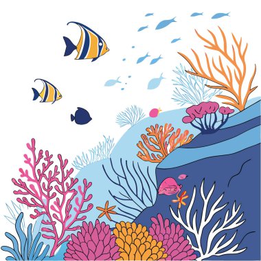 Büyüleyici sualtı mercan resifleri renkli mercan canlı deniz yaşamını tropikal cenneti doldurdu. Balık. Okyanus. Suda yaşayan. Manzara. Peyzaj. Deniz şakayığı. Yosun. Yapay zeka üretildi. Vektör simgesi