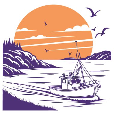 Güneş batarken sakin sularda yüzen bir balıkçı teknesi. Gökyüzünde canlı turuncu ve mor renkler bırakıyor ve denizin yüzeyine yansıyor. Yapay zeka üretildi. Vektör simgesi