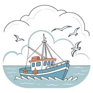 Renkli bir balıkçı teknesi sakin sularda yüzer. Bulutlar ve deniz kuşlarıyla çevrili. Balık tutmaya hazırım. Yapay zekanın ürettiği trolle avlanmanın özelleştirilebilir düz çizimi. Vektör simgesi